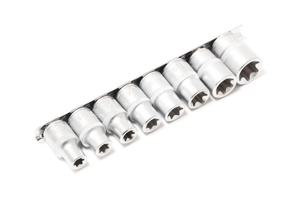Головки набор Е-профиль 8пр., 1/2'' (E10,E11,E12,E14,E16,E18,E20,E24) на планке KINGTUL KT-4073