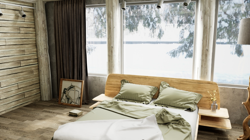 Кровать из массива дуба со встроенными полками Amandi