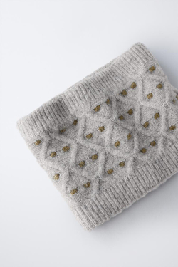 ZARA ТРИКОТАЖНЫЙ ШАРФ-СНУД В ГОРОШЕК, ПЕСОЧНЫЙ