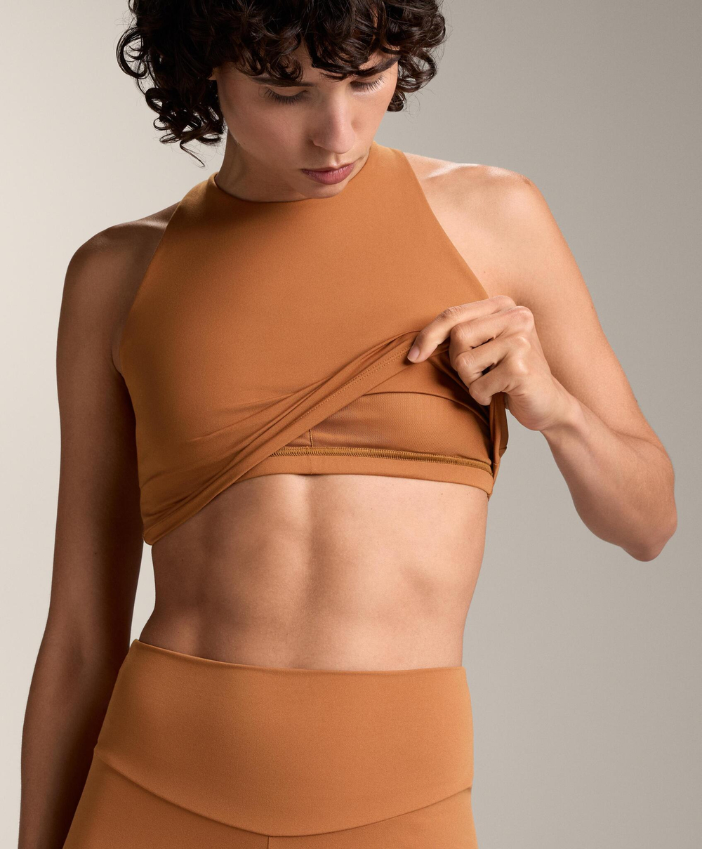 Oysho Майка Comfortlux с чашками и полосками на спине, цвет жженого апельсина