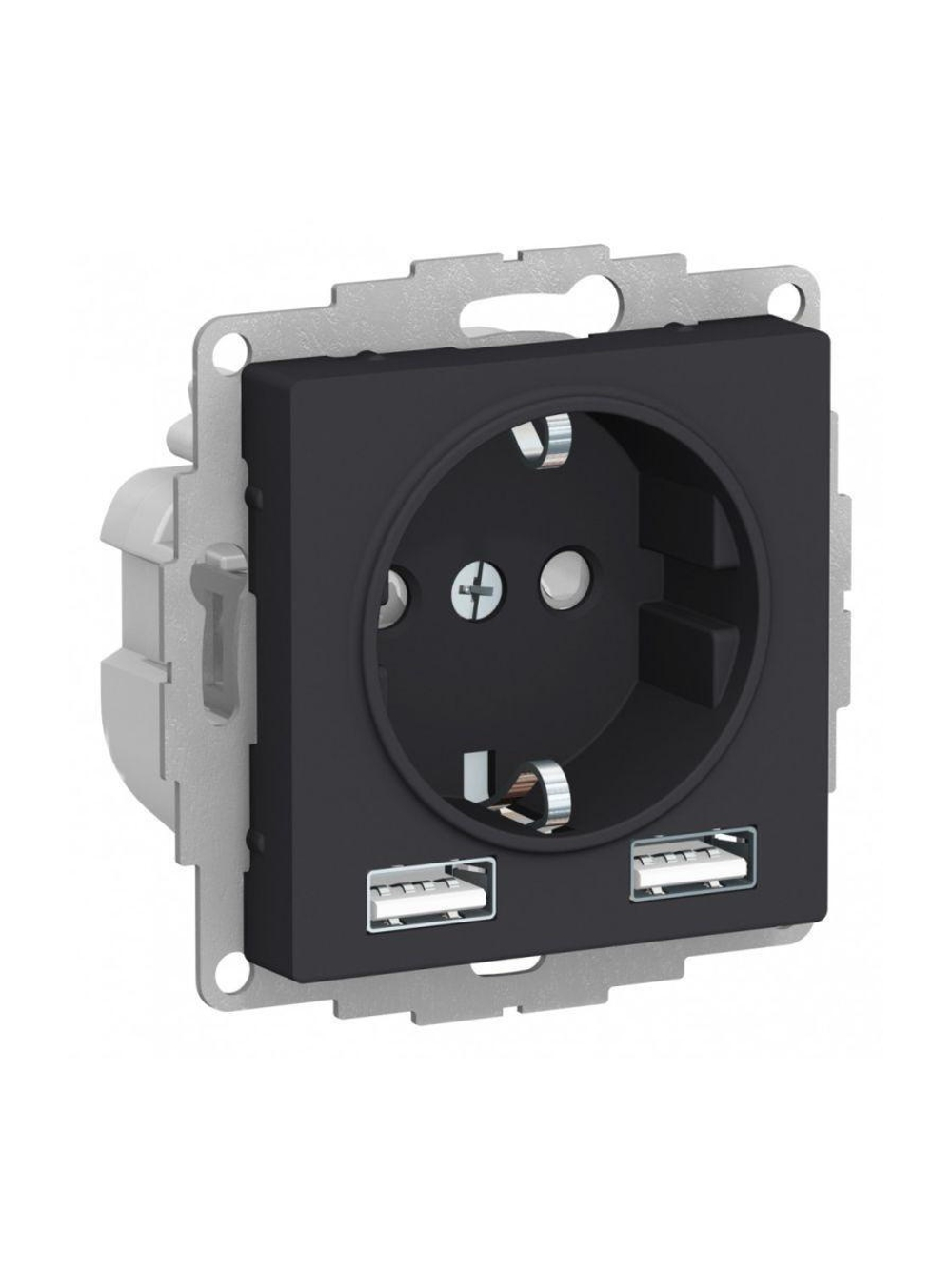 Розетка 1-м СП AtlasDesign 16А IP20 с 2-мя заряд. устройствами USB тип A+A 5В/2.4А 2х5В/1.2А механизм карбон SE ATN001030