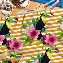 Ткань ниагара реалистичные петуньи и туканы на ярком полосатом фоне