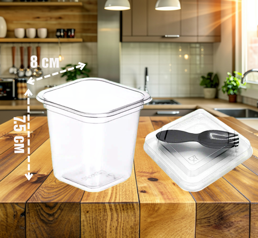 Стаканчики квадратные с вилочкой и крышкой 220 мл. - 6 штук.