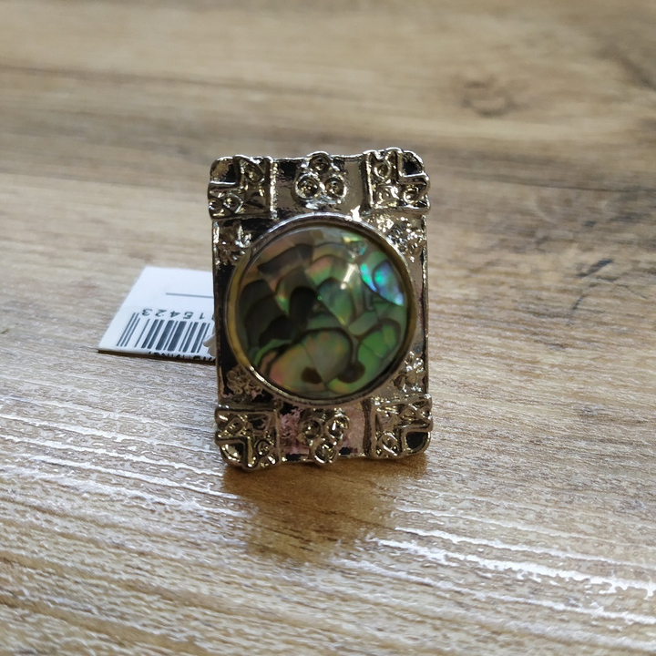 Кольцо разъемное Круг в прямоугольнике, перламутр гелиотис, металл светлый, 22x32 мм