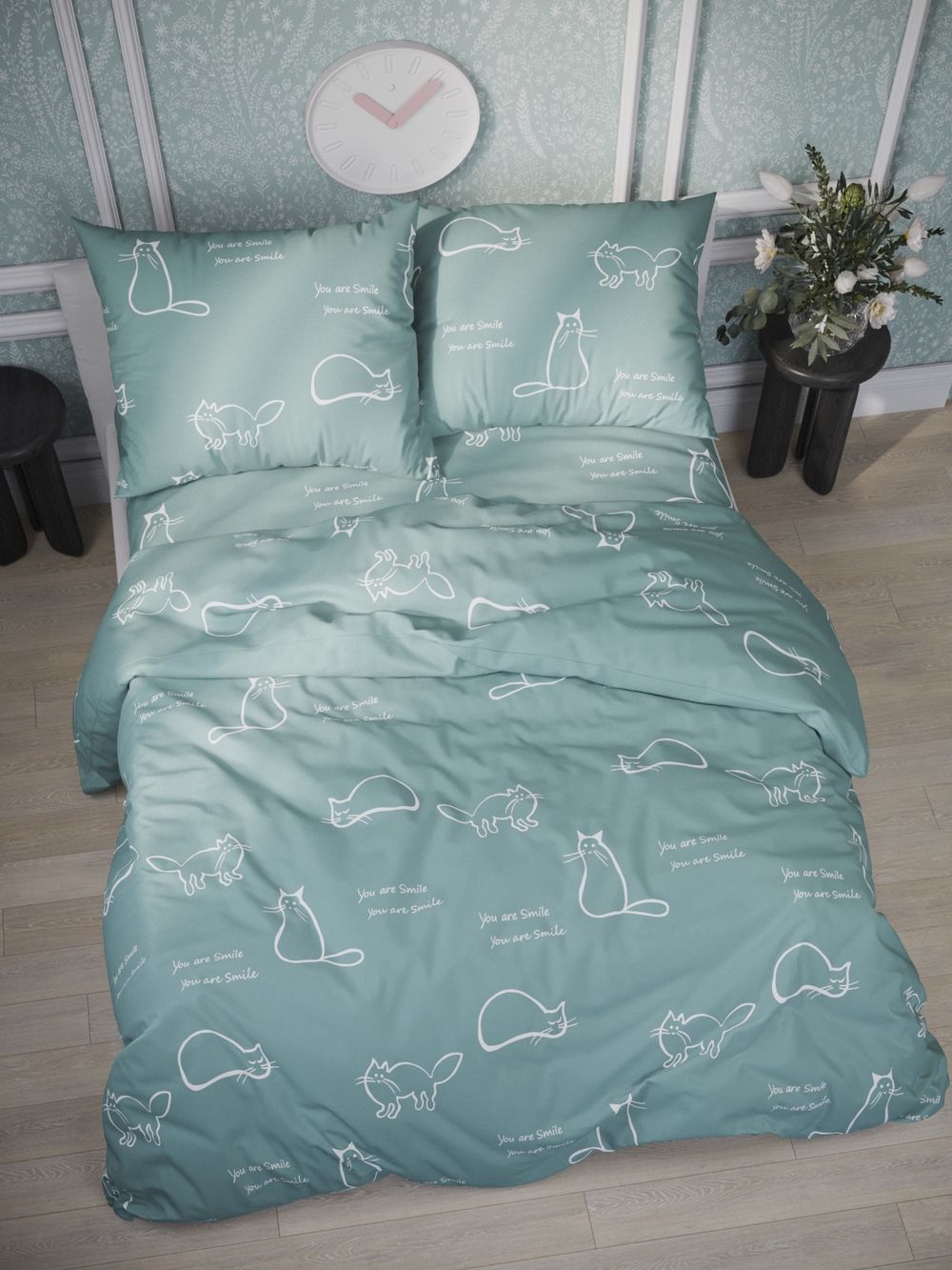 Простынь на резинке "КОТИКИ (мята)" 120х200 см  Сказка сатин