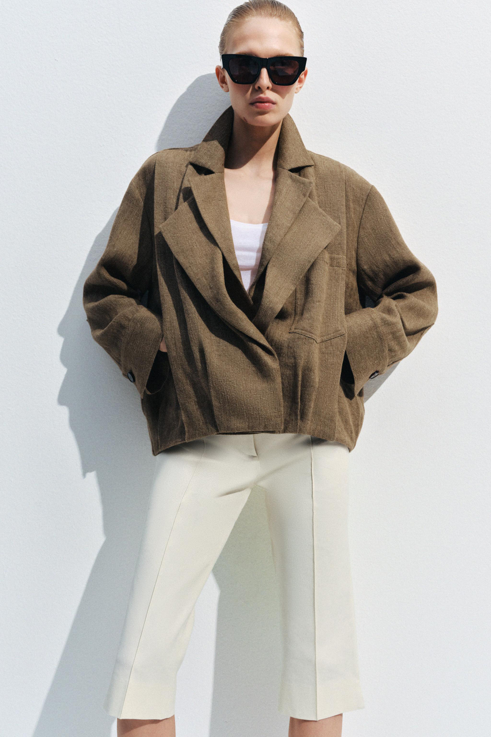 ZARA БОМБЕР ИЗ ЛЬНА С КАРМАНОМ — ZW COLLECTION, СВЕТЛО-КОРИЧНЕВЫЙ