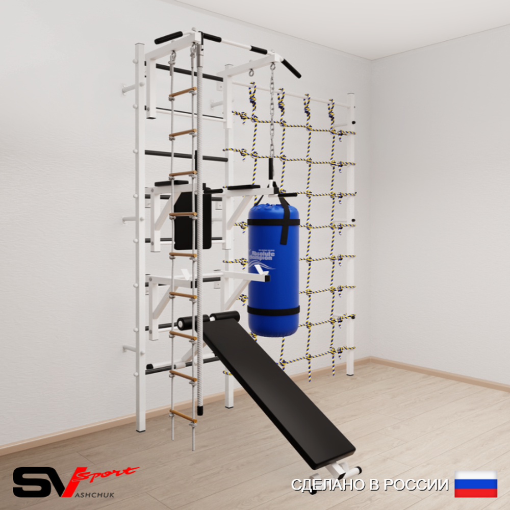 Шведская стенка Sv Sport 59520 (Турник стандарт/Брусья/Стойка/Скамья/Канат/Лестница/Цепь/Мешок 22кг/Канатный лаз)