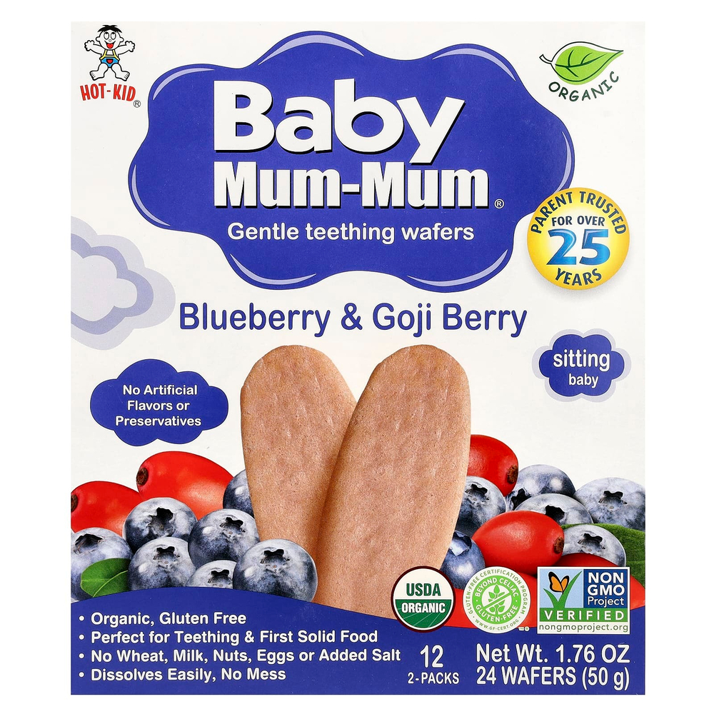 Hot Kid, Baby Mum-Mum®, вафли для защиты зубов, голубика и ягоды годжи, 12 пакетиков, по 2 шт.