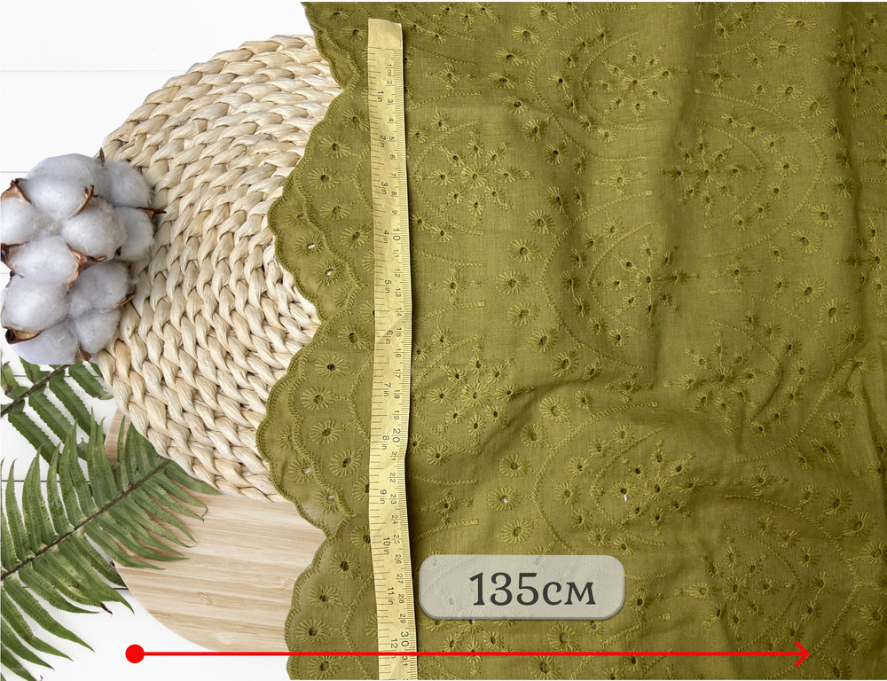 Шитье ХЛОПОК ОЛИВКА орнамент фестоны с обеих сторон