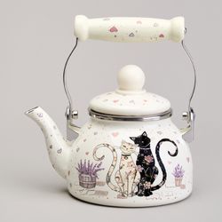 ЧАЙНИК AGNESS ЭМАЛИРОВАННЫЙ СО СЪЕМНЫМ ФИЛЬТРОМ ИЗ НЖС СЕРИЯ "LAVANDER CATS", 0,85 Л
