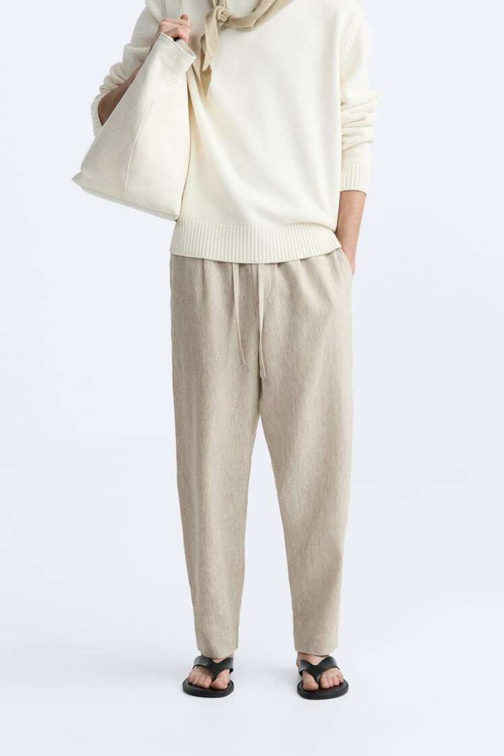 ZARA БРЮКИ-ДЖОГГЕРЫ ИЗ 100% ЛЬНА, СВЕТЛО-БЕЖЕВЫЙ