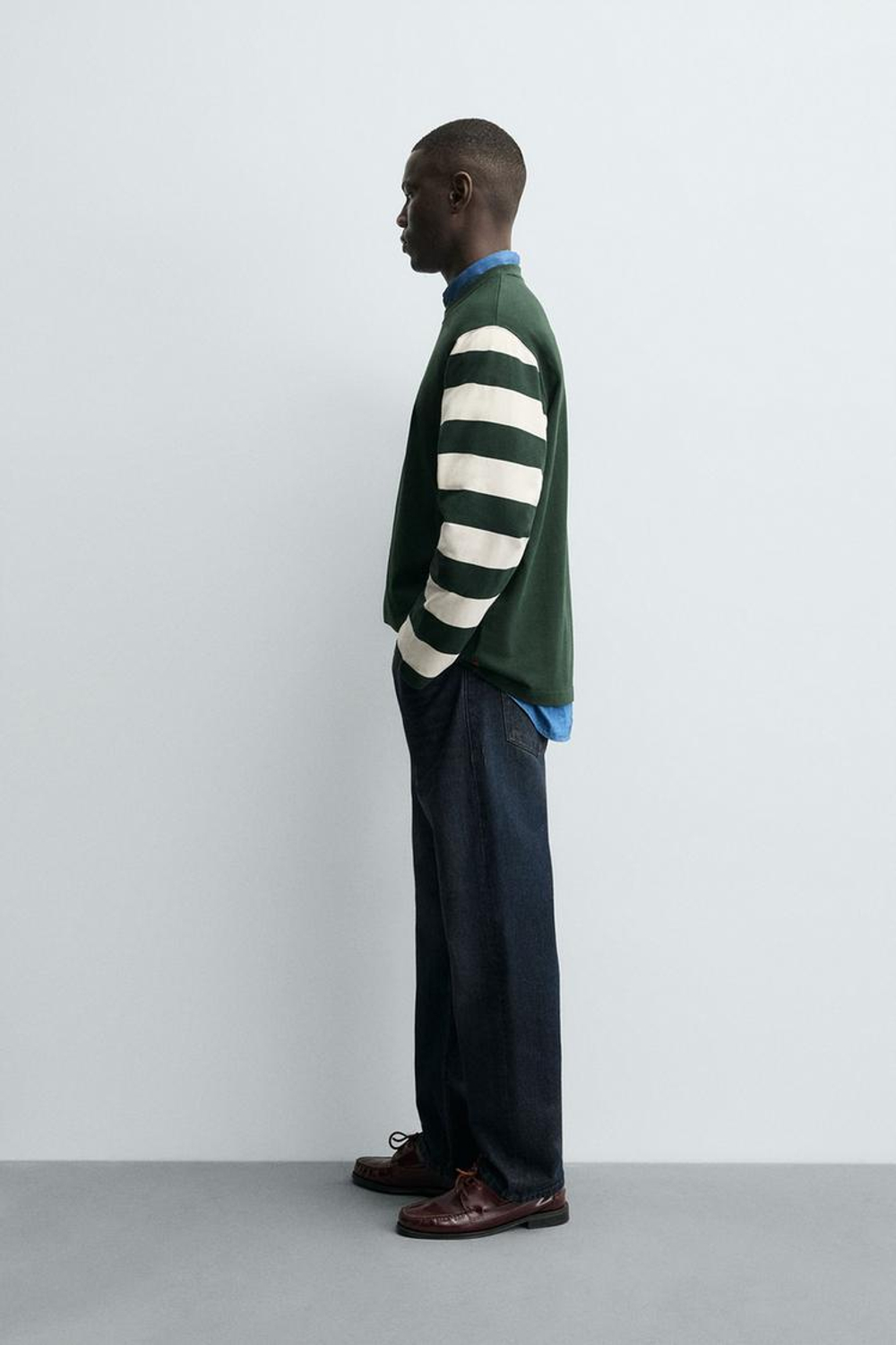 ZARA ФУТБОЛКА С ДЛИННЫМИ РУКАВАМИ В ПОЛОСКУ, БЕЛЫЙ/ЗЕЛЕНЫЙ