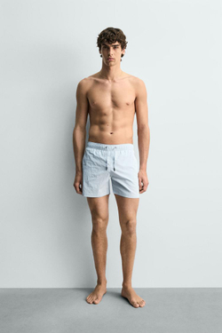 ZARA ПЛАВКИ ИЗ ЖАТОЙ ТКАНИ В МЕЛКУЮ ПОЛОСКУ, НЕБЕСНО-ГОЛУБОЙ