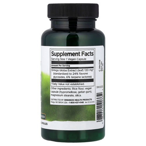 Swanson, экстракт гинкго билоба, стандартизованный, 120 мг, 100 веганских капсул
