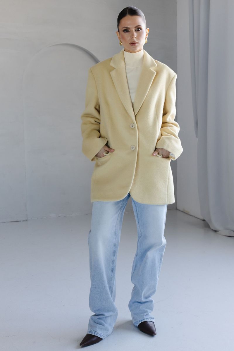 Пальто из смесовой шерсти однобортное укороченное лимонное