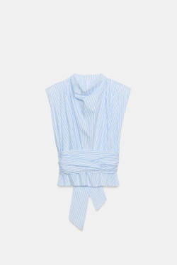 ZARA ТОП В ПОЛОСКУ С ПОГОНАМИ И БЛЕСТЯЩЕЙ НИТЬЮ, ГОЛУБОЙ