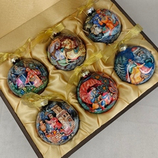 Сувенирный набор из 6-ти коллекционных ёлочных шаров " Сказки" с ручной росписью Палех