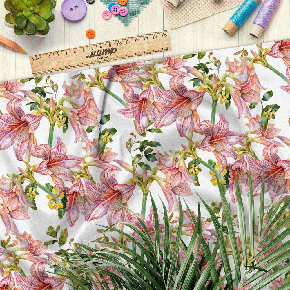 Ткань кулирная гладь розовые лилии и мелкие жёлтые цветы