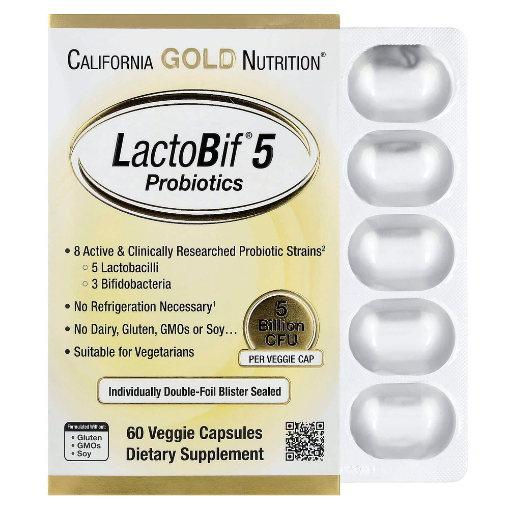 California Gold Nutrition, LactoBif® 5, пробиотики, 5 млрд КОЕ, 60 растительных капсул