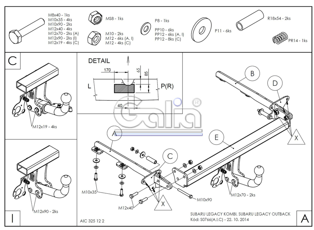 Фаркоп оцинкованный Galia S076A для Subaru Legacy WAG (BP), Subaru Outback 4WD 2004-2009(паспорт и сертификат в комплекте)(без электрики)