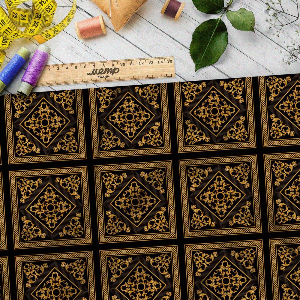 Ткань барби золотой восточный узор на чёрном фоне