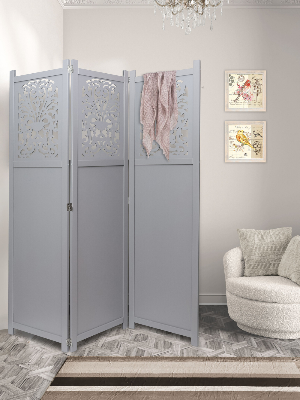 Ширма - перегородка для зонирования пространства деревянная резная "Прованс", 3 створки 1800 *480 мм