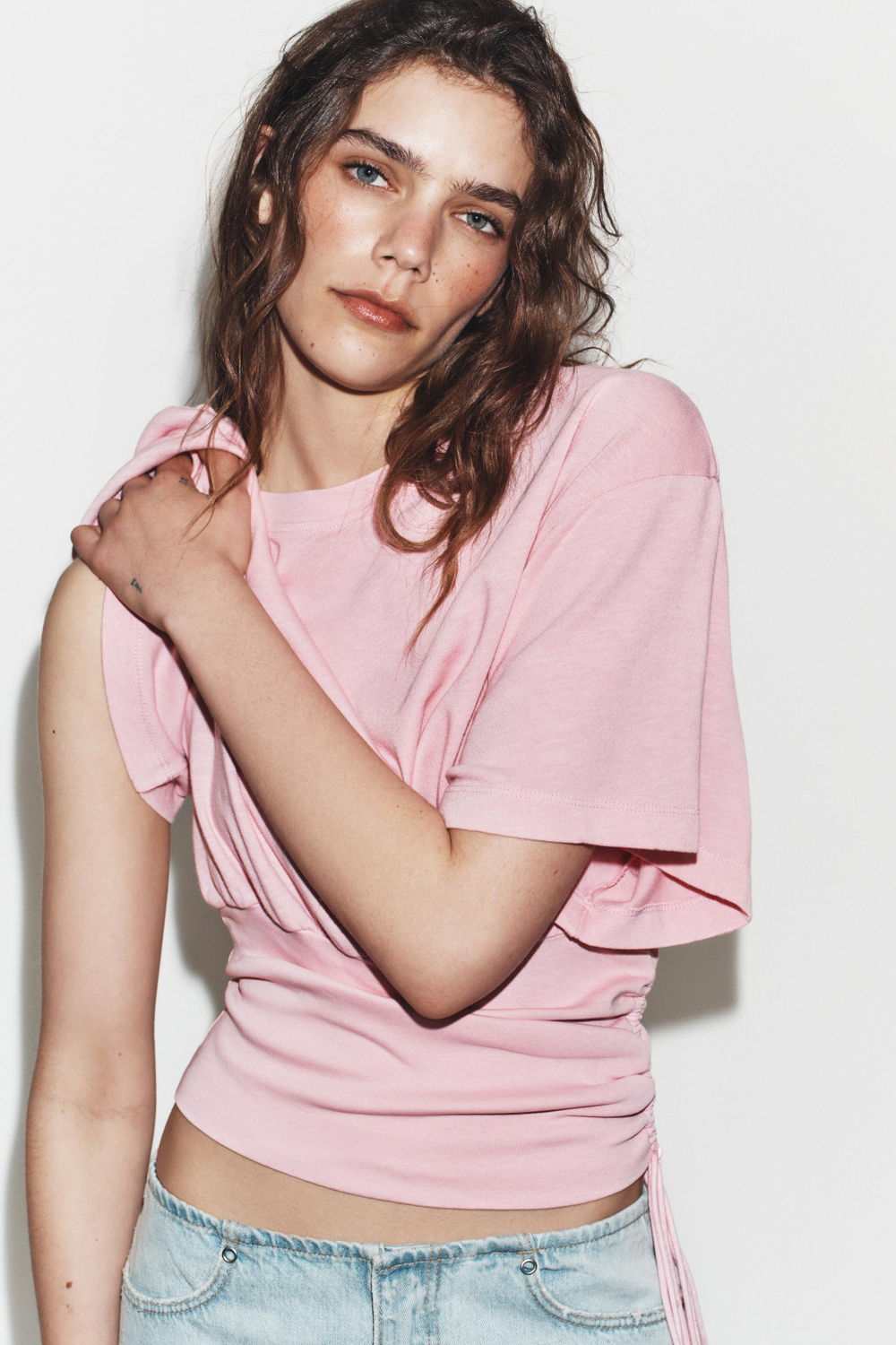 ZARA ТОП ИЗ ФЛАМЕ С ПОЯСОМ, РОЗОВЫЙ