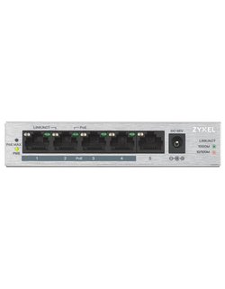 Коммутатор ZYXEL GS1005HP-EU0101F PoE+ коммутатор GS1005HP, 5xGE (4xPoE+), настольный, металлический, бесшумный, бюджет PoE 60 Вт
