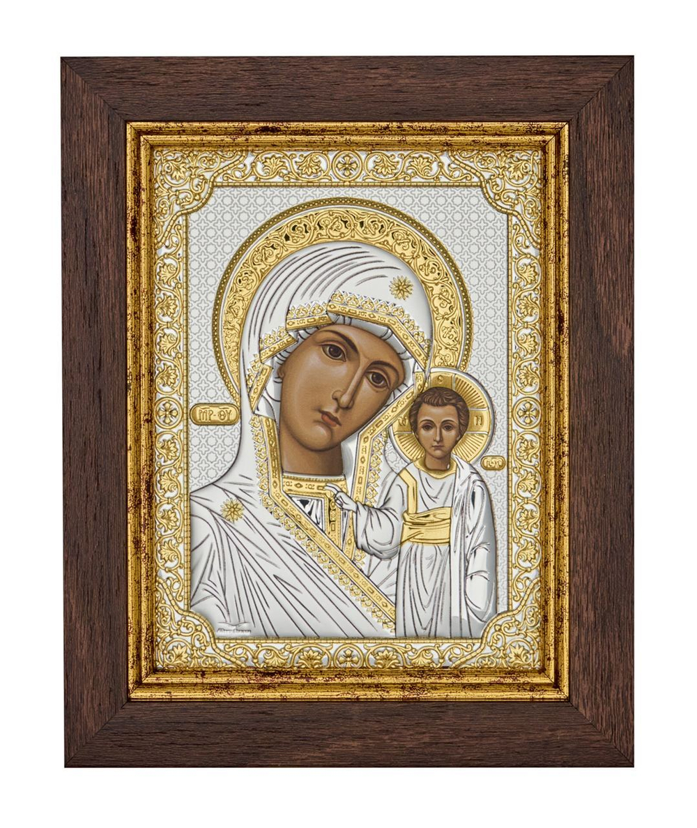 Казанская БМ, икона прямоугольная в рамке под стеклом, красное дерево 170х210