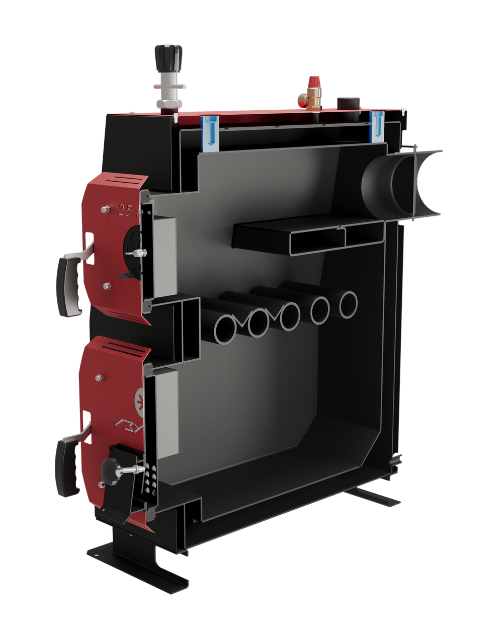 Твердотопливный котел длительного горения Изуран-25 в кожухе на 25 кВт. Отапливаемое помещение до 675 куб.м. В разрезе. Производитель - Изуран