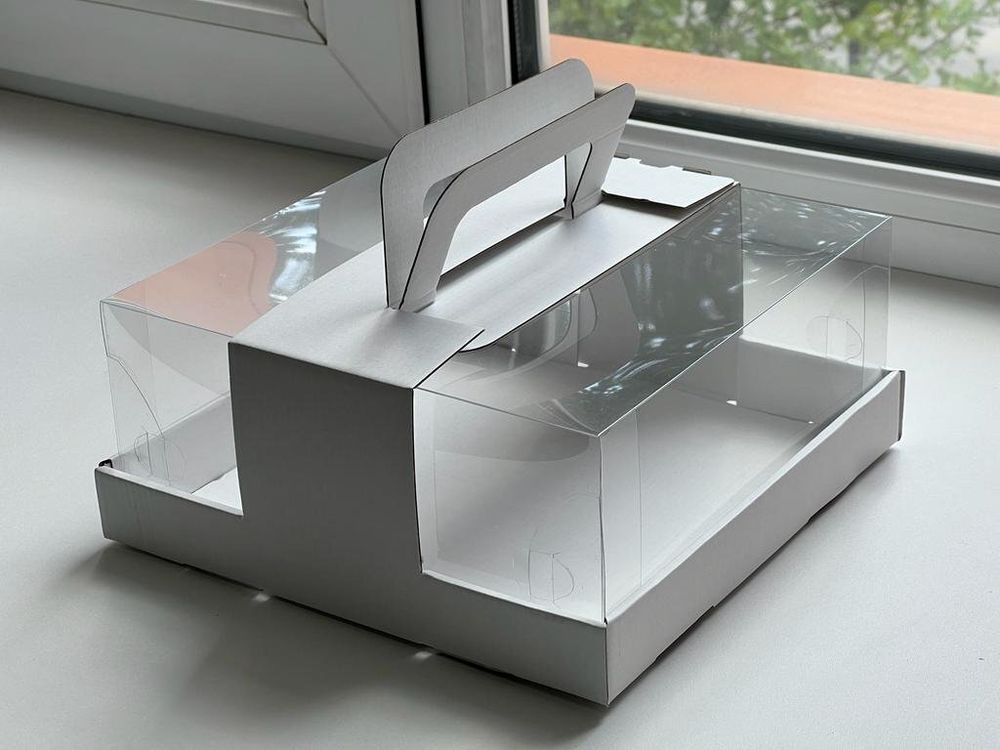 Коробка для торта с ручками и прозрачным куполом, гофрокартон, БЕЛАЯ  (упак.50шт)