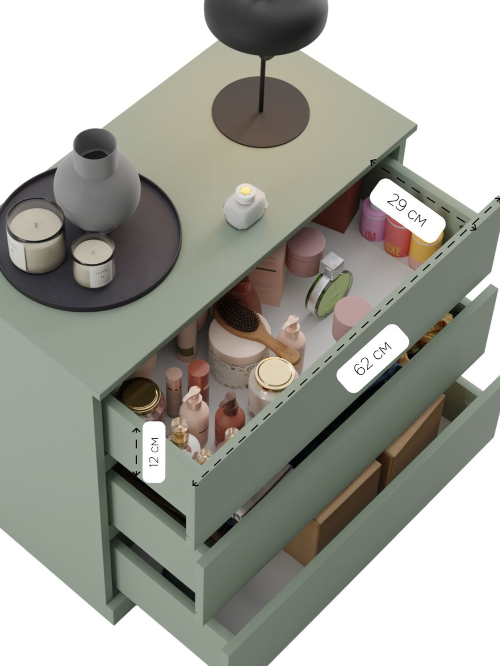 Комод 70х35х67, Марм, с 3 ящиками для одежды, вещей, игрушек, зеленый самшит, Dipriz