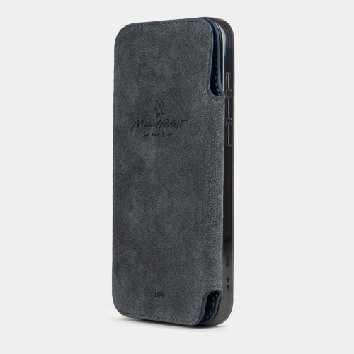 Чехол-книжка кожаная для iPhone 16 Pro Max, теленок синего цвета