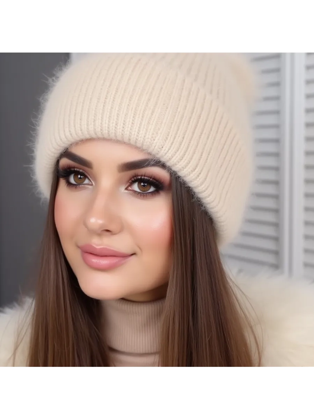 шапка вязаная бини ангора теплая демисезонная с отворотом