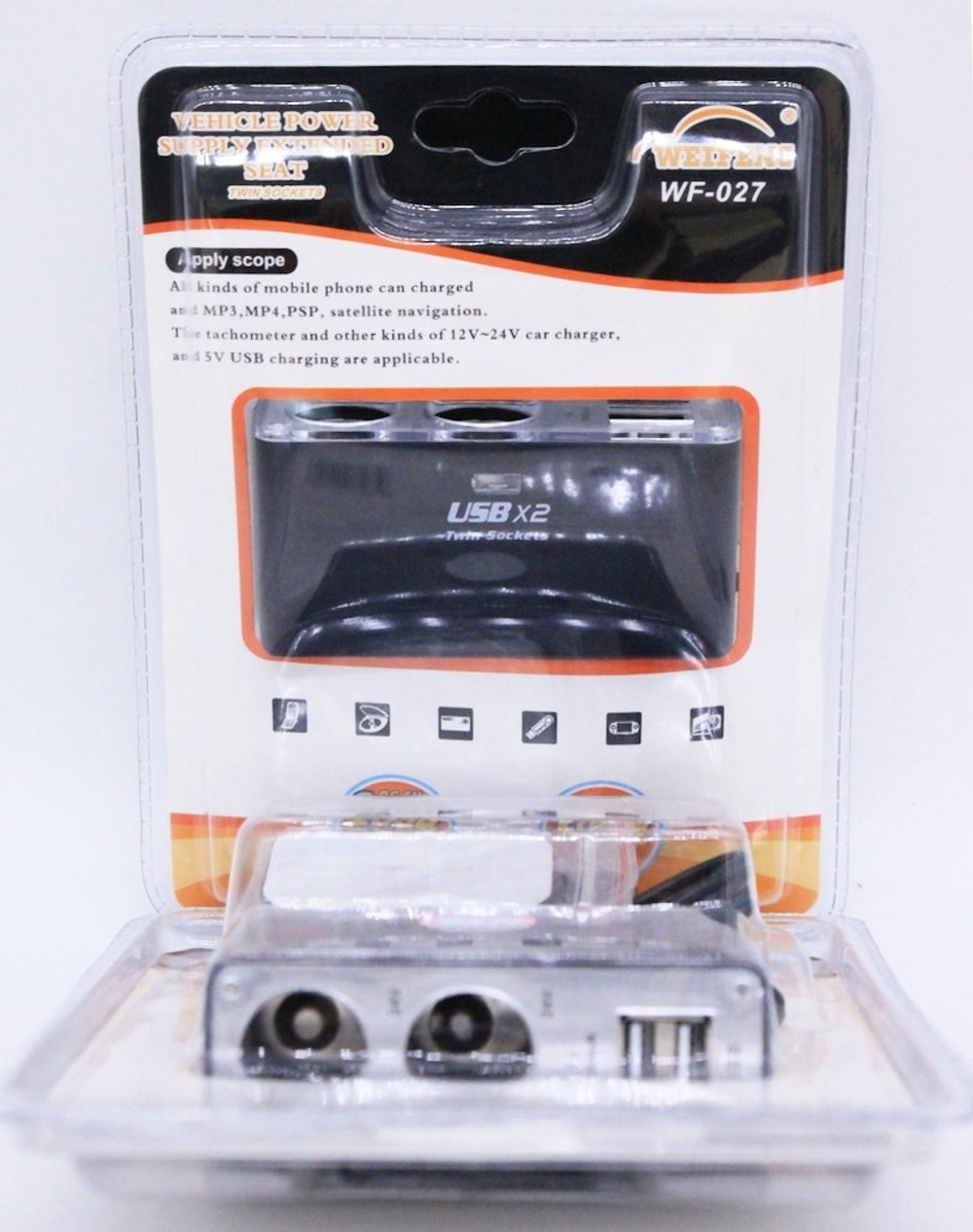Разветвитель прикуривателя 2гнезда + 2USB черный WF027