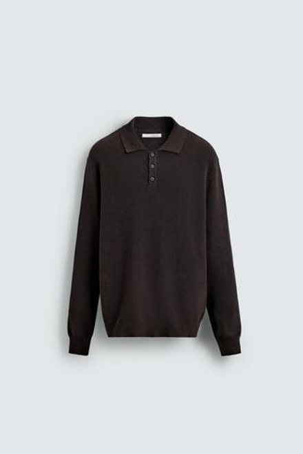 ZARA ПОЛО ИЗ ЖЕМЧУЖНОГО ТРИКОТАЖА, ШОКОЛАДНЫЙ