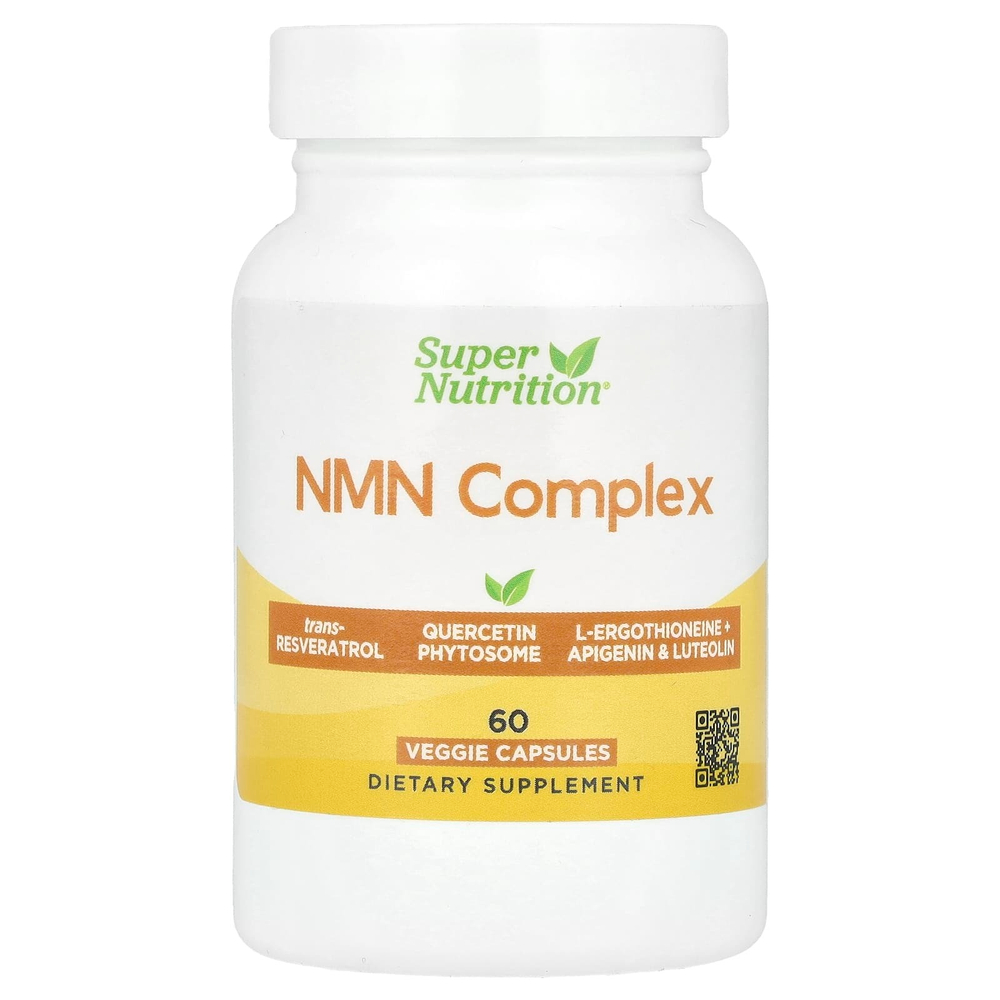Super Nutrition, комплекс с NMN, транс-ресвератролом, фитосомным комплексом кверцетина, апигенином и лютеолином, 60 вегетарианских капсул