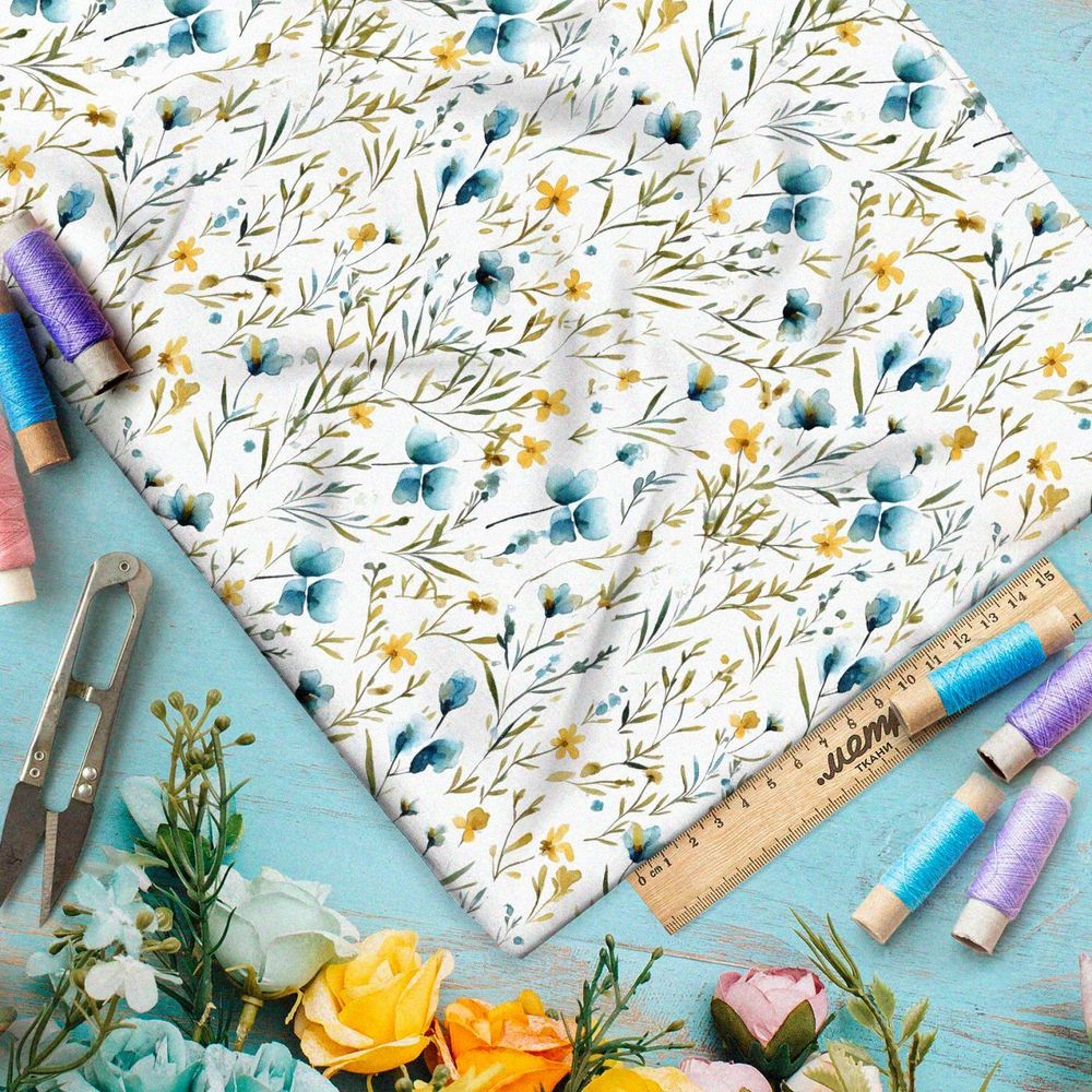 Ткань премиум бифлекс мелкие голубые и желтые цветы
