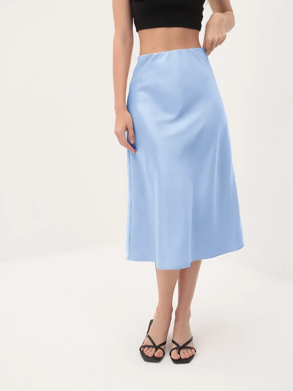 Юбка весенняя, атласная плотная, шелковая на резинке