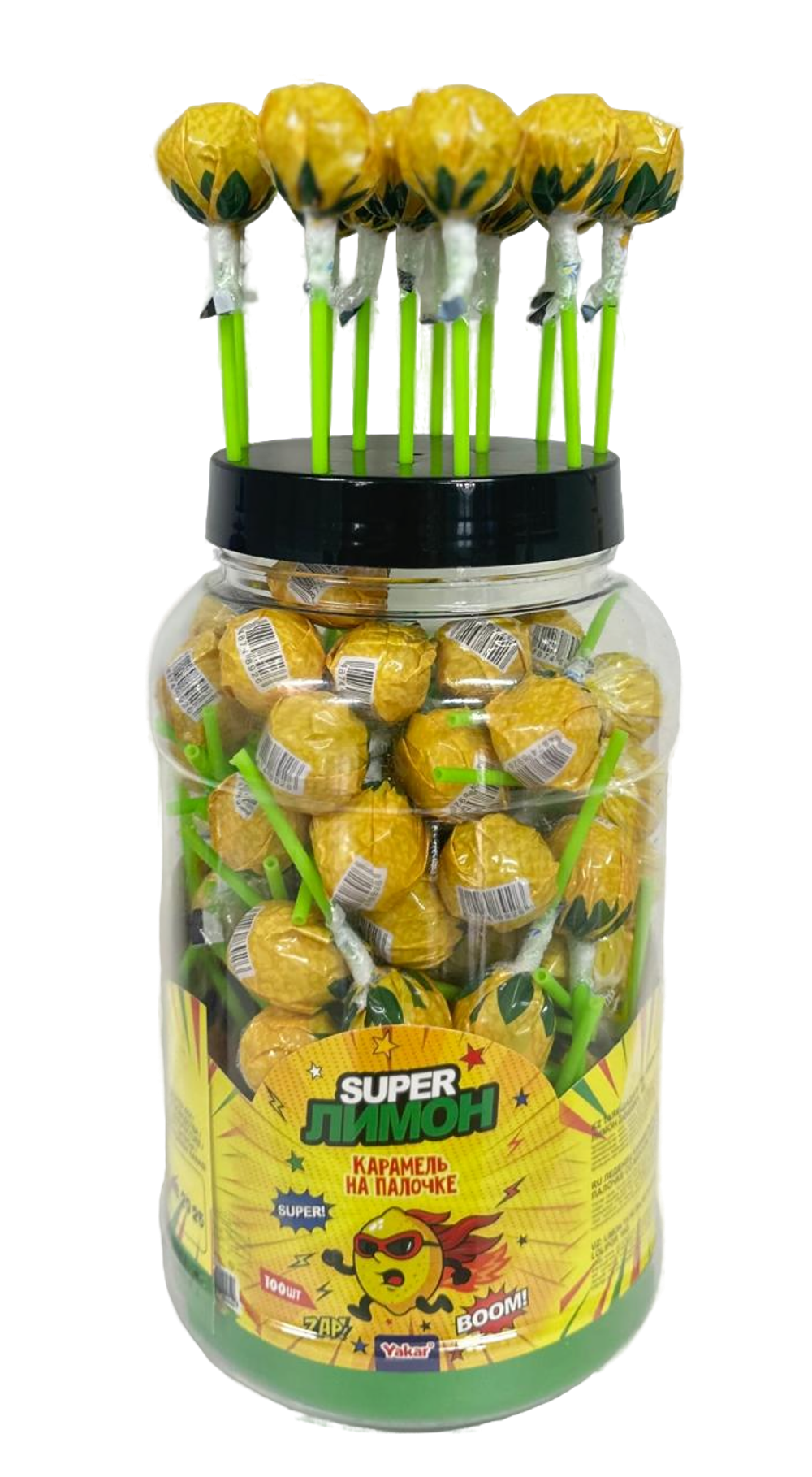 Карамель на палочке Yakar "Super Лимон" со вкусом лимона 16г*100шт*6 банок