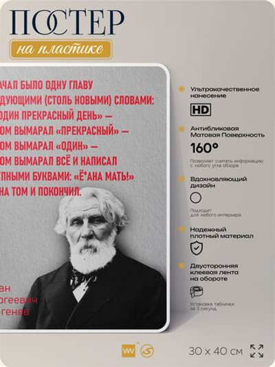 Литературный постер Иван Тургенев "Я начал было одну главу" на стену, на пластике, для интерьера, 30х40 см, Айдентика Технолоджи