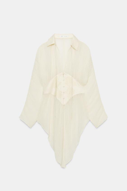 ZARA БЛУЗА ИЗ ЖОРЖЕТА С КРУЖЕВОМ — ZW COLLECTION, ЭКРЮ