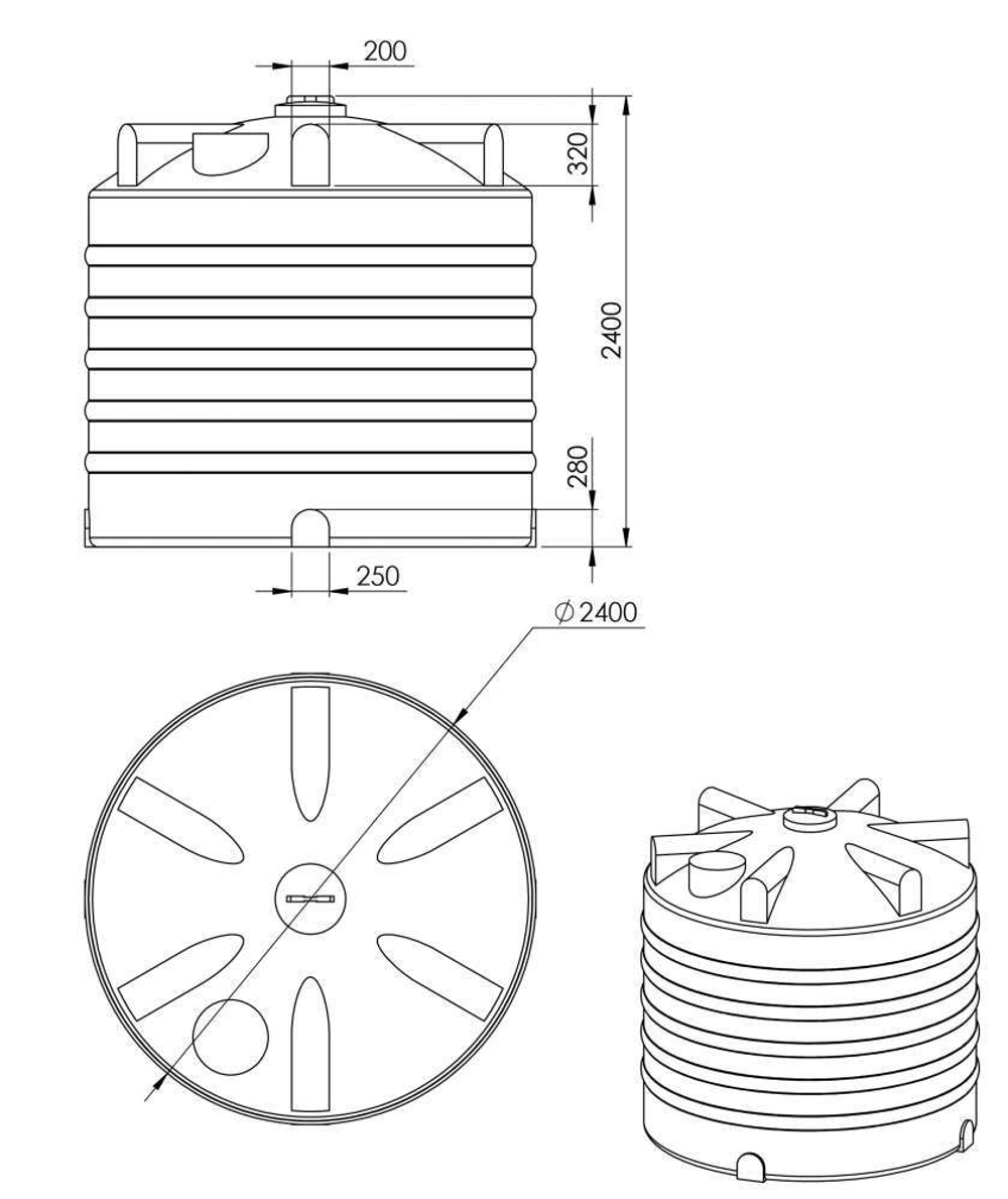 Емкость для технической воды Мультпласт KР-10000 10000 л. вертикальная (2400x2400x2400см;216кг;черный) - арт.552061