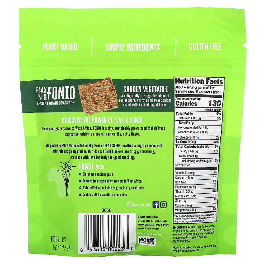 Flackers, Flax & Fonio, крекеры со вкусом традиционных злаков, садовые овощи, 128 г (4,5 унции)