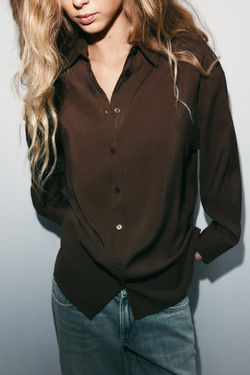 ZARA РУБАШКА OVERSIZE СТРУЯЩЕГОСЯ ПОКРОЯ, ШОКОЛАДНО-КОРИЧНЕВЫЙ