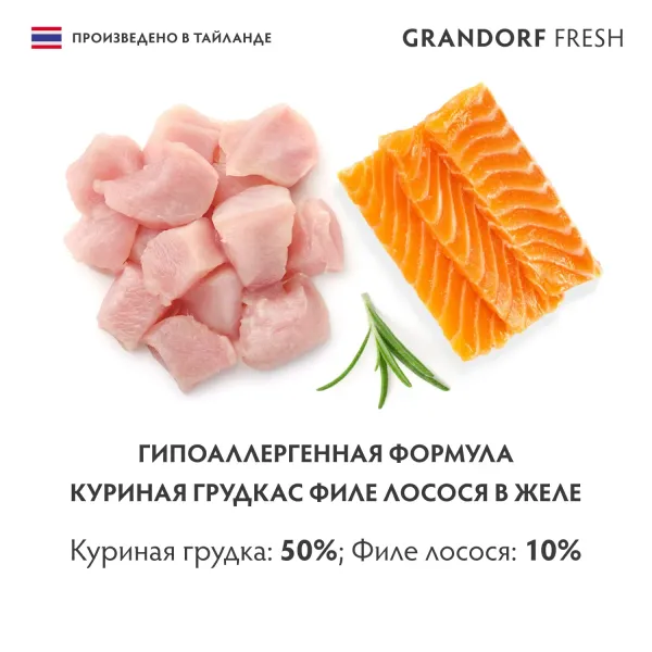 Консервы GRANDORF Fresh для кошек и котят, куриная грудка с филе лосося в желе