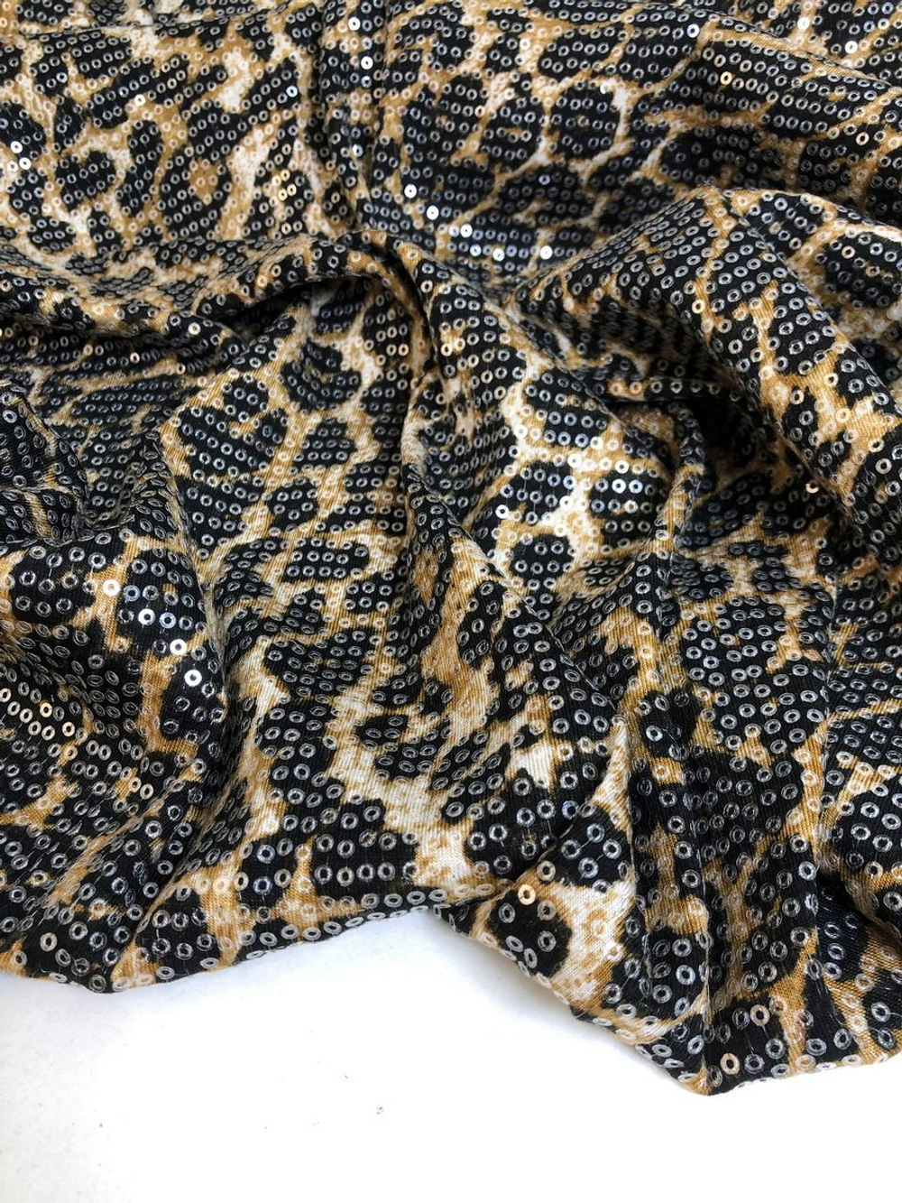 Трикотаж принт леопард, беж/коричневый, паетка прозрачн VT#18