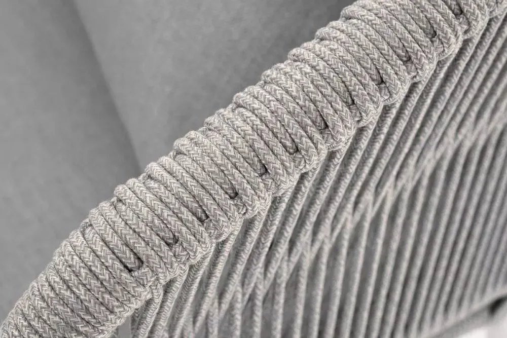 "Милан" диван 2-местный плетеный из роупа, каркас алюминий светло-серый (RAL7035) муар, роуп серый меланж круглый, ткань светло-серая