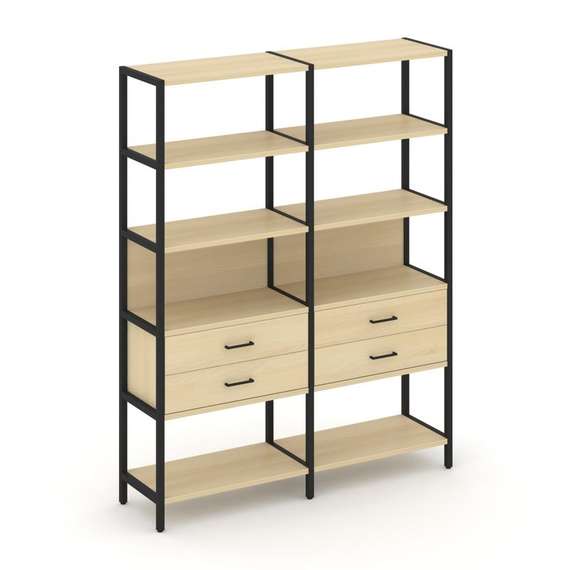 Shelf System Двухсекционный стеллаж пятиярусный с ящиками SN.STM-522 Акация Лорка/Металл Черный 1590