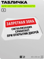 Табличка для частной территории "Запретная зона, сигнализация сработает при открытии дверей", на дом, для участка, организаций и частных территорий, 40х30 см, Silver Plane x Айдентика Технолоджи